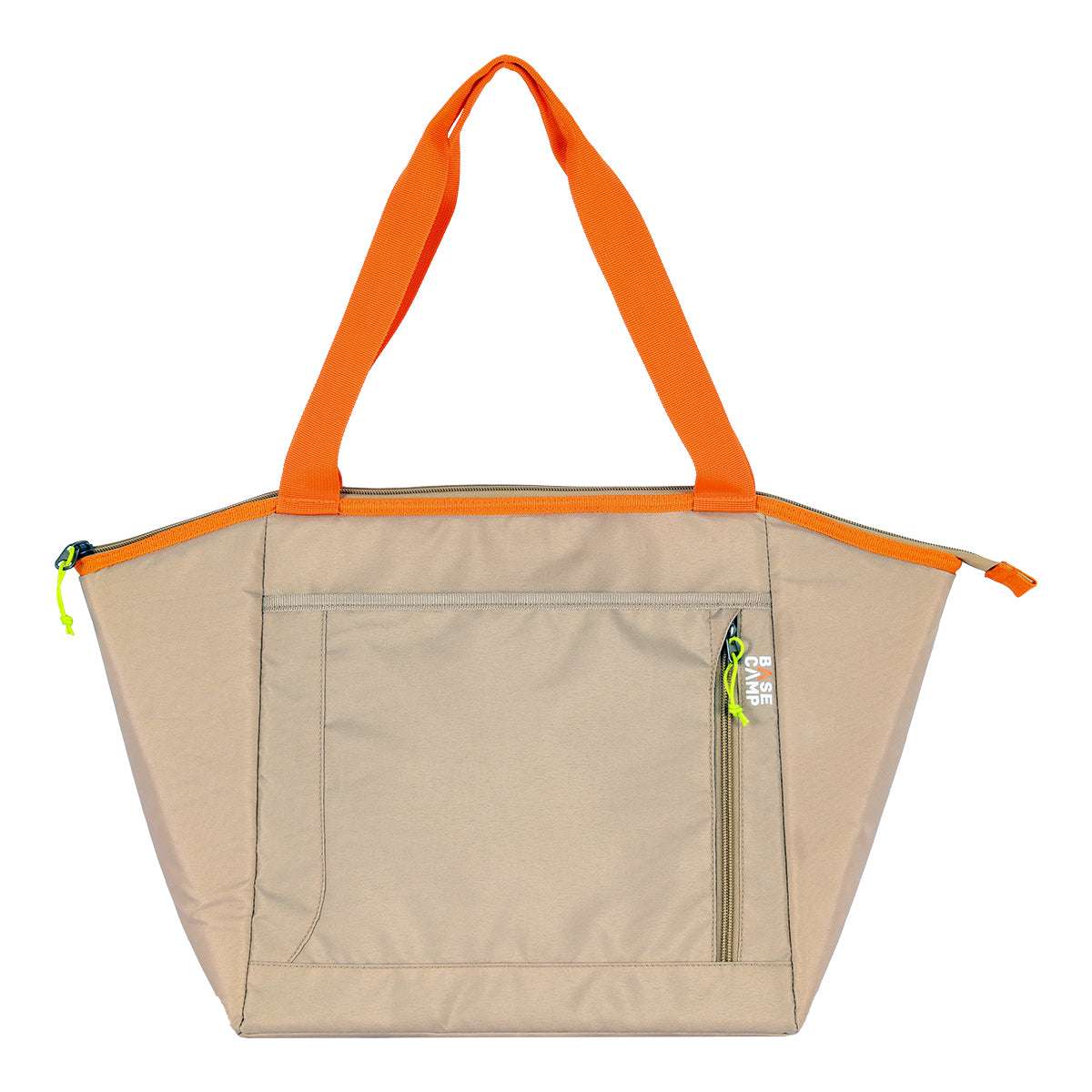 Beige tote bag with orange handles on a white background