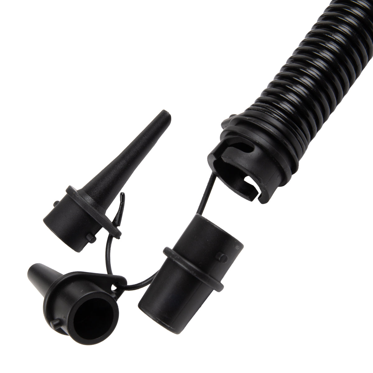 Black flexible hose with three connectors on a white background