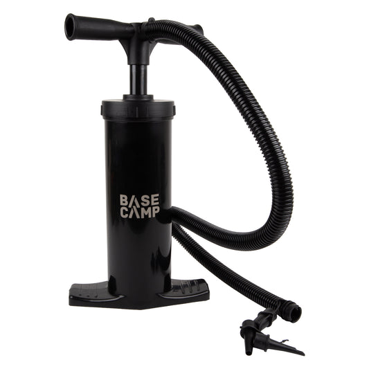 Black hand pump with hose on a white background, featuring 'BASE CAMP' branding.