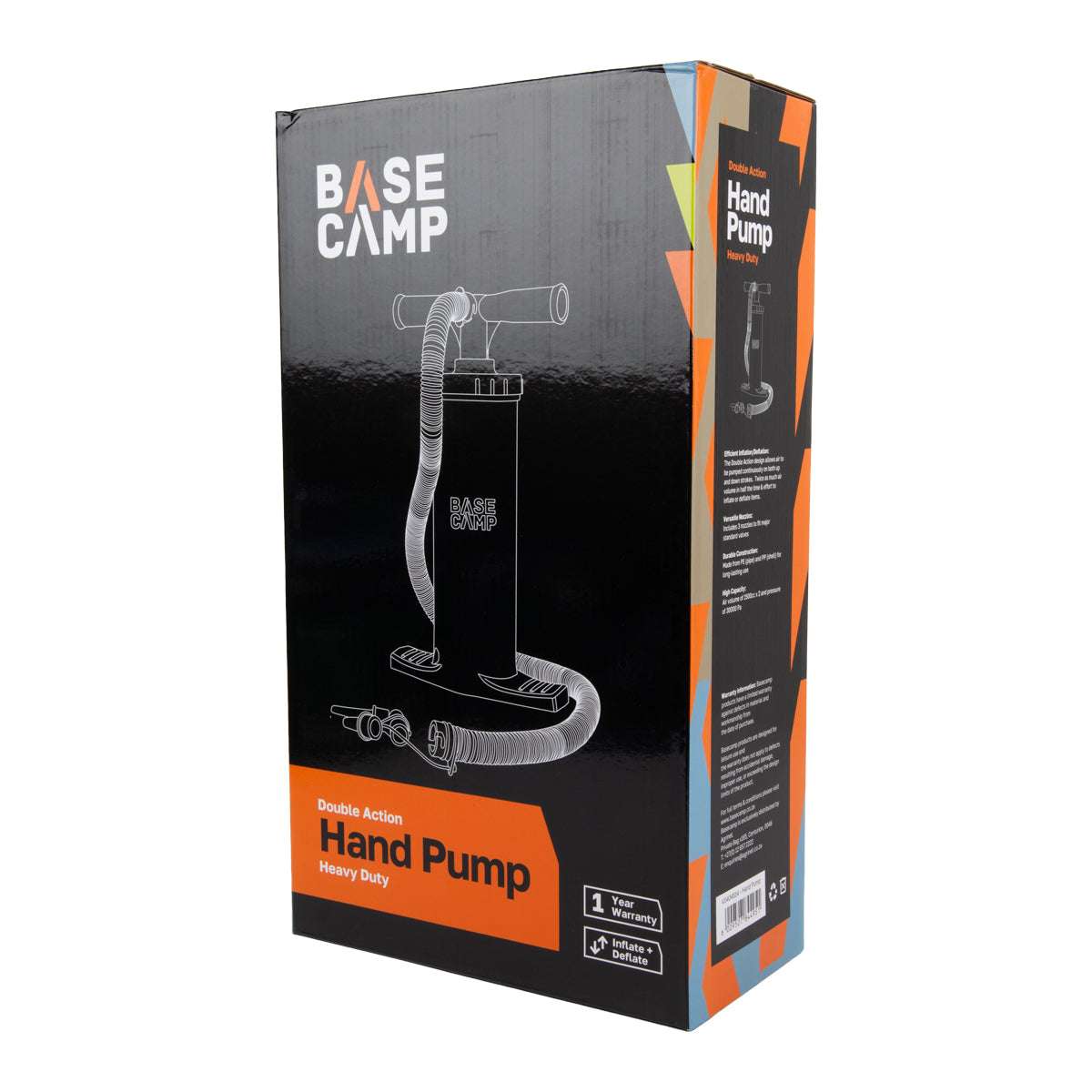 Base Camp double-action hand pump packaging on a white background