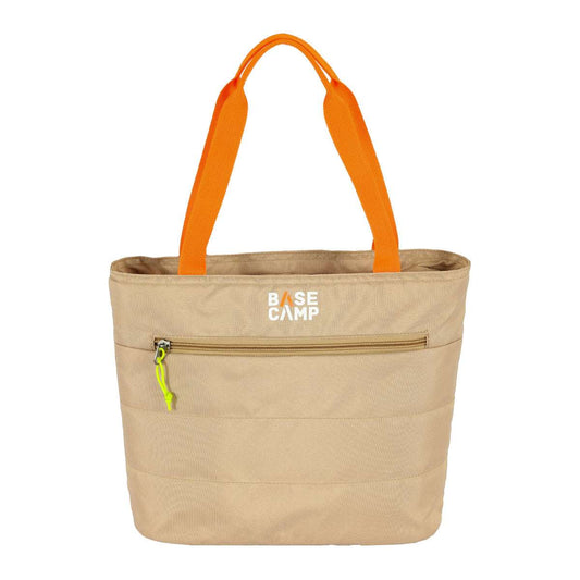 Beige tote bag with orange handles and a visible 'Base Camp' logo on a white background
