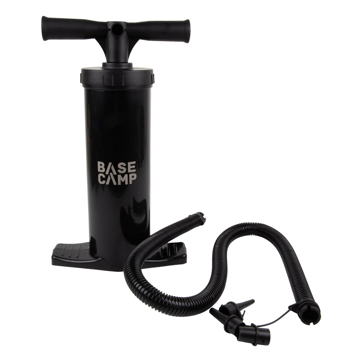 Black hand pump with hose on a white background, featuring 'BASE CAMP' branding.