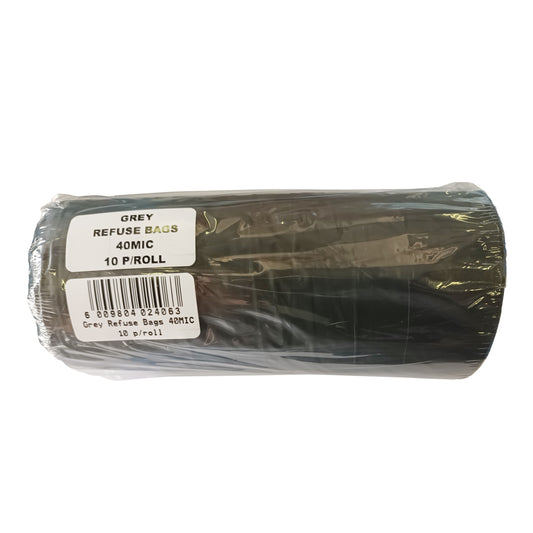 A roll of grey refuse bags with packaging indicating 40Mic thickness and 10 per pack.