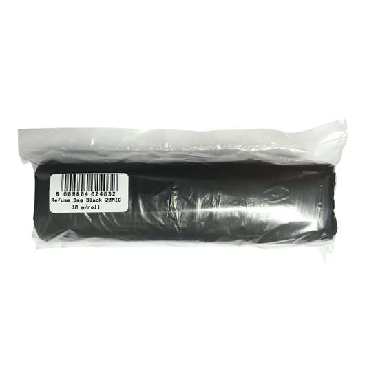 A pack of black refuse bags in plastic packaging, with a label showing product details.