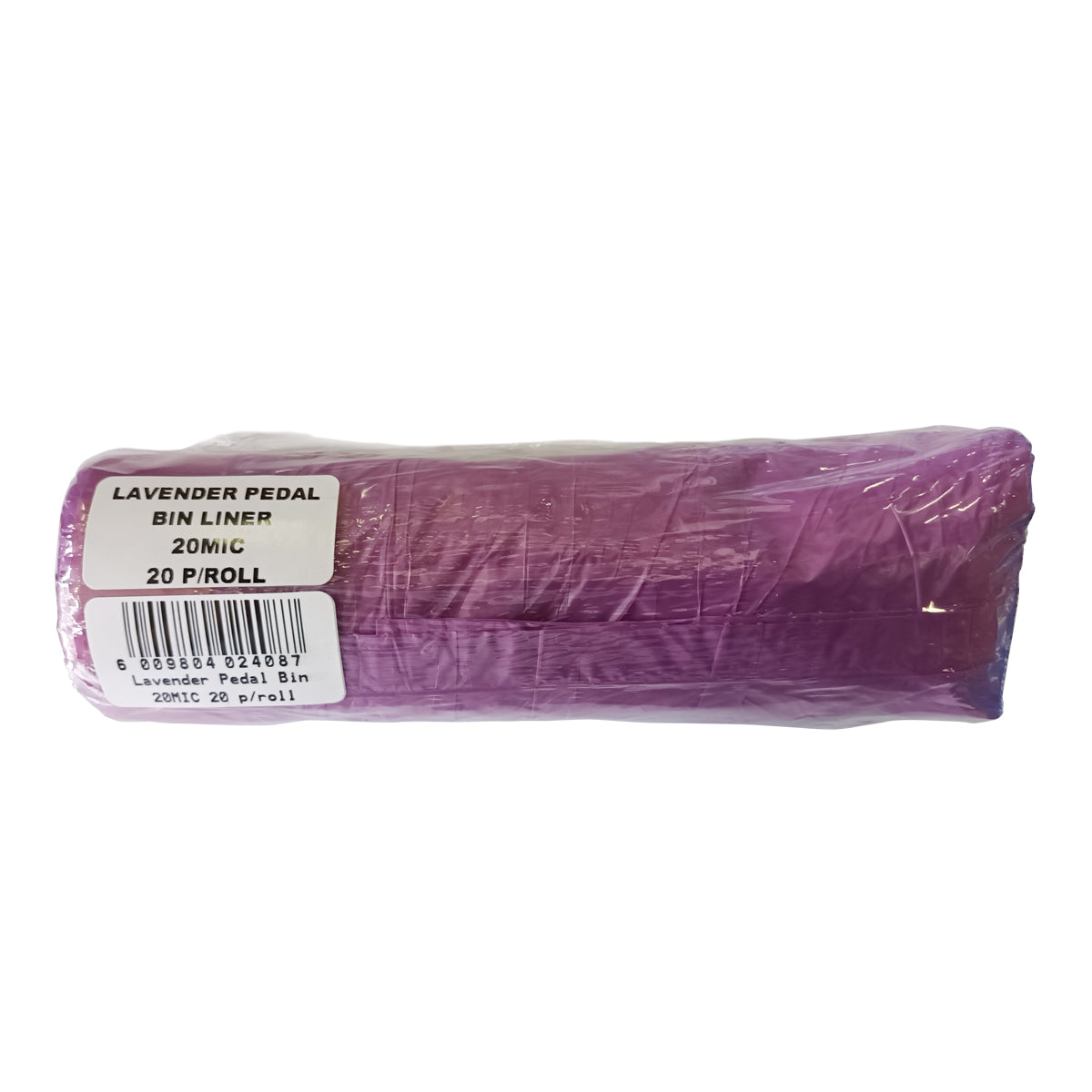 A roll of lavender pedal bin bag liners with packaging indicating 20 per pack.