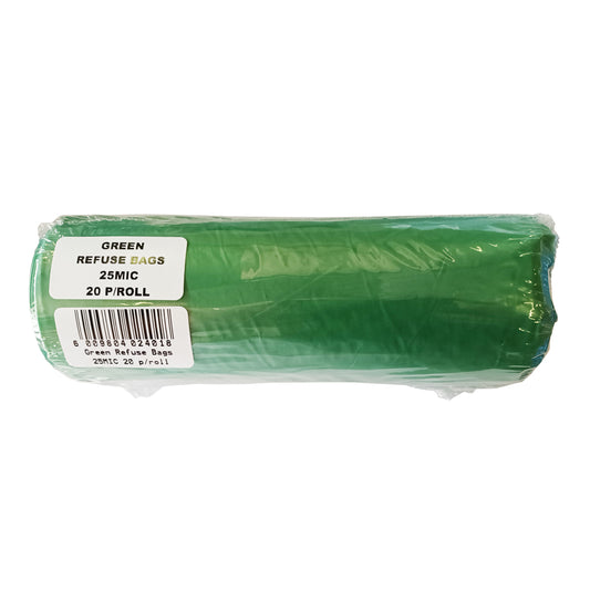 Pack of green biodegradable garden waste bags, 20 per pack, 25 microns thick.
