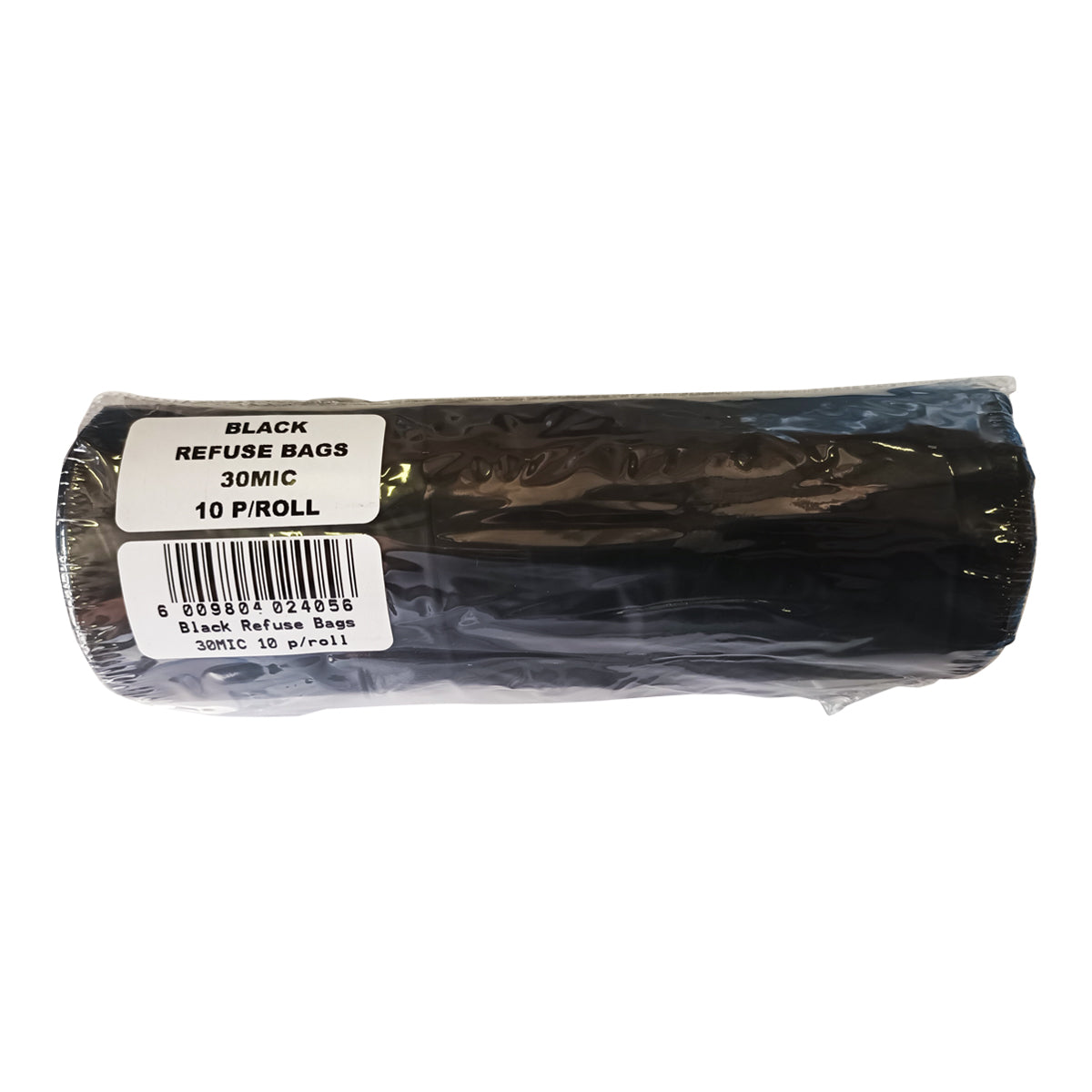 A roll of black refuse bags with packaging indicating they are 30 microns thick and there are 10 bags per pack.