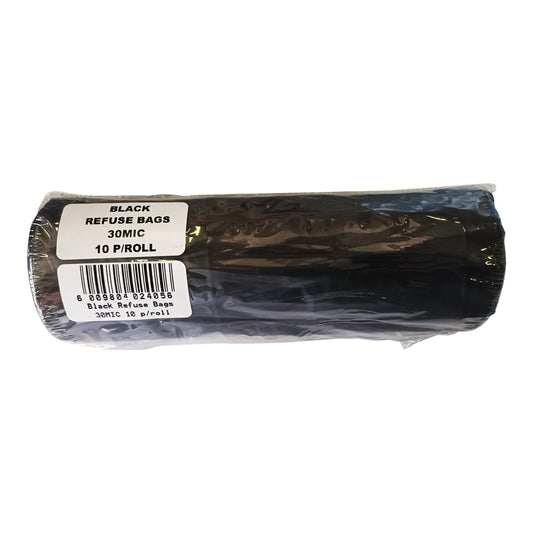 A roll of black refuse bags with packaging indicating they are 30 microns thick and there are 10 bags per pack.