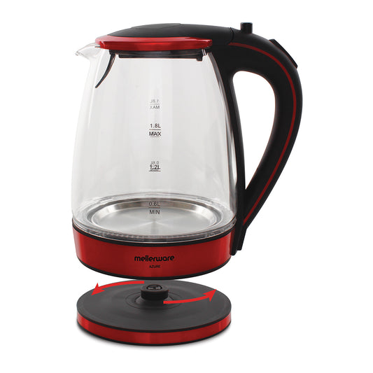 MELLERWARE KETTLE GLASS 1.8L 2200W 360D CORDL RED