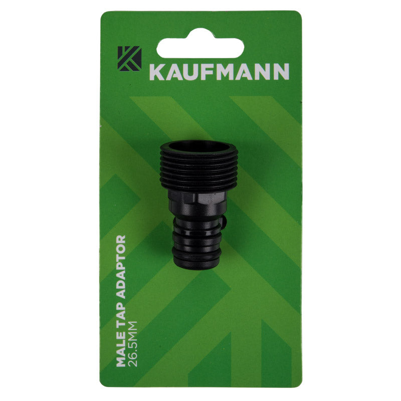 Kaufmann brand male tap adaptor with black color, packaged on a green and white card with the product visible at the top.