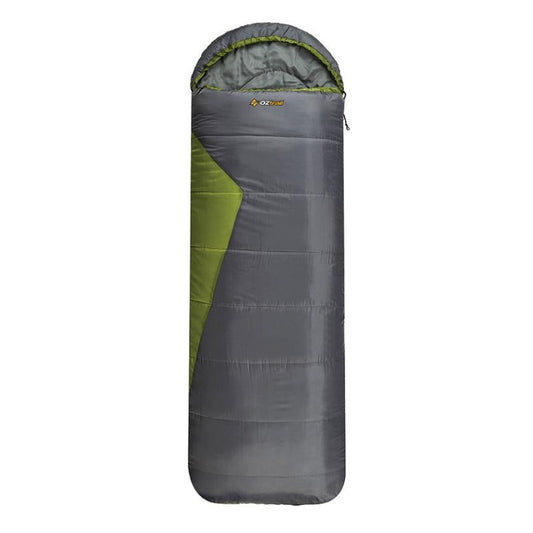 OZtrail Blaxland 5°C Jumbo Hooded Sleeping Bag with gray body and green accents, featuring a hood.