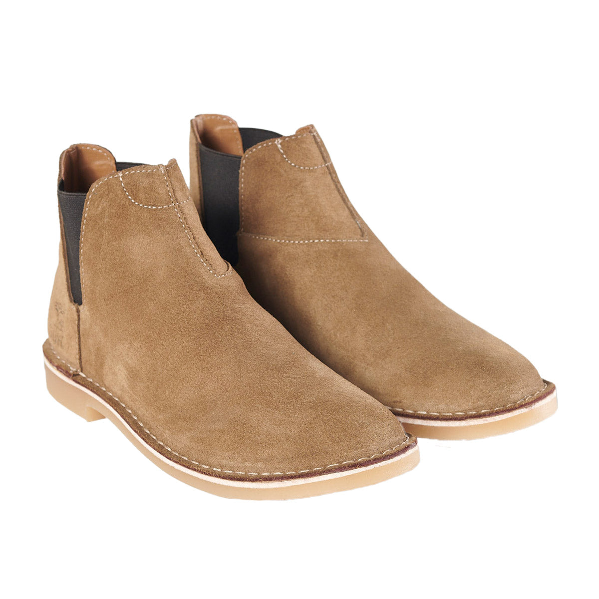 A pair of brown suede Chelsea style boots with a stitched down construction and a flat sole.