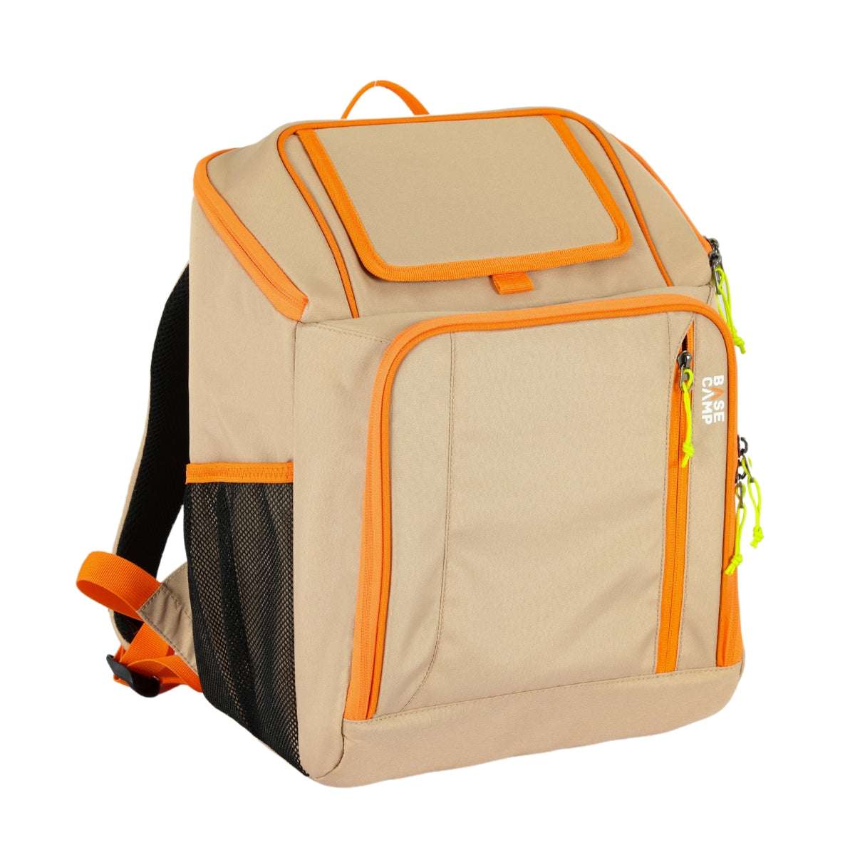Beige cooler backpack with orange accents on a white background