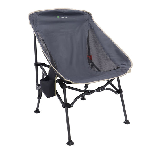 A gray Kaufmann Compact Bucket Chair with a steel frame and breathable mesh side panels, displayed in an open and set up position.