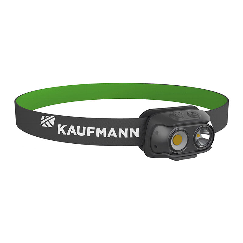 A black and green Kaufmann 500 Lumen Rechargeable Headlamp with two LED lights on the front, branded with the name 'KAUFMANN' on the strap.