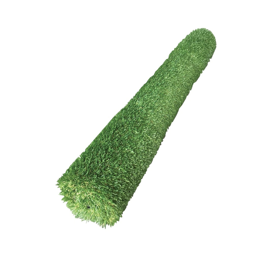 Roll of green artificial grass on a white background