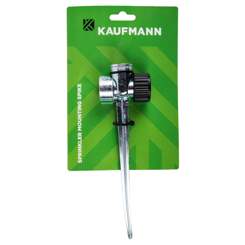 A Kaufmann steel peg for securing sprinklers, displayed in blister packaging with the brand name visible at the top