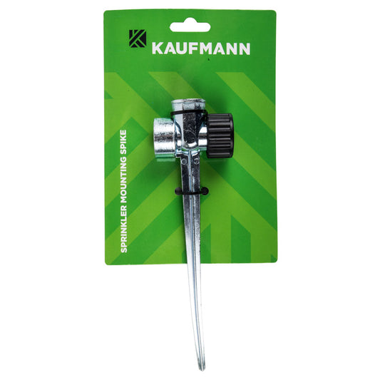 A Kaufmann steel peg for securing sprinklers, displayed in blister packaging with the brand name visible at the top