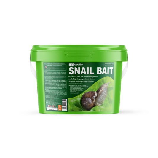 Green container of snail bait with a snail illustration on a white background