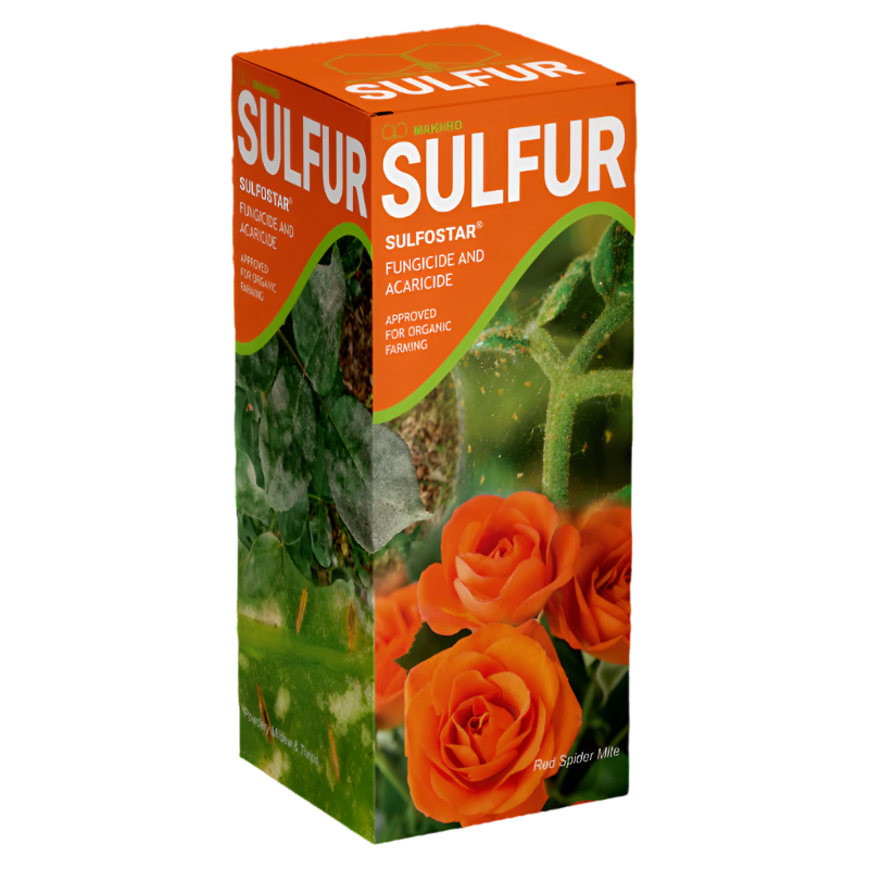 Box of Makhro Sulfostar fertilizer with green leaves and orange roses on a white background