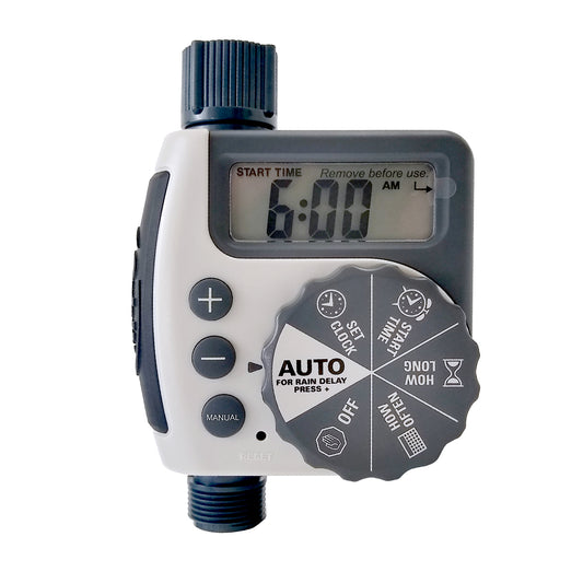 A black and gray Orbit Buddy Tap Timer with a digital screen displaying time, multiple control buttons, and a dial.