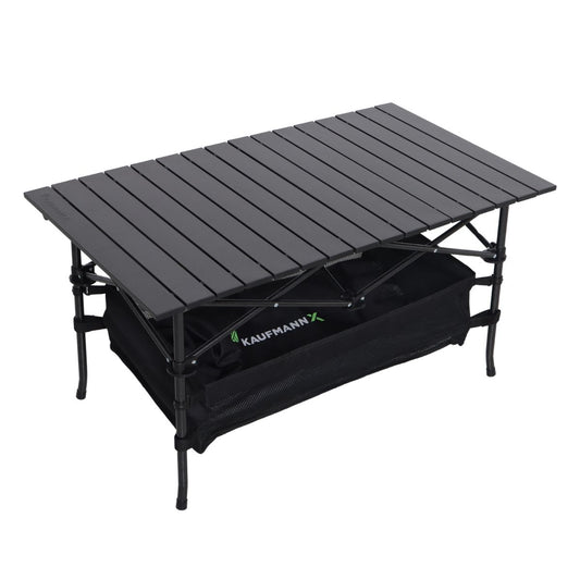 A black aluminum compact folding table with a mesh under storage compartment.