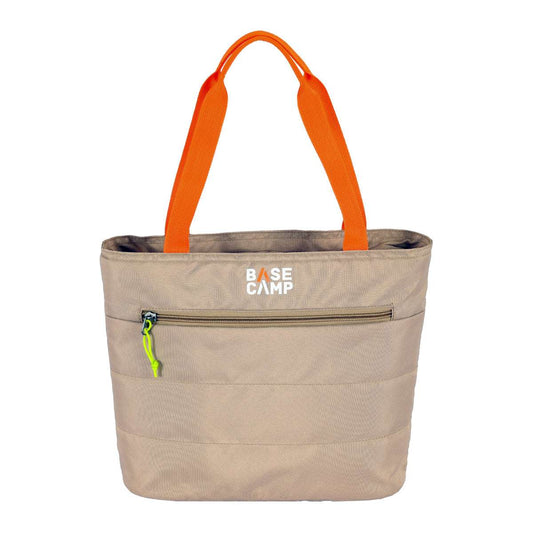 Beige tote bag with orange handles and a visible 'Base Camp' logo on a white background
