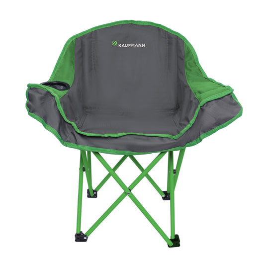 A green and gray Kaufmann outdoor chair with a steel frame and a padded backrest, designed for children.