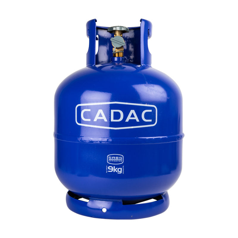 A blue Cadac gas cylinder with a 9kg label, featuring an external valve and a dust cover plug.
