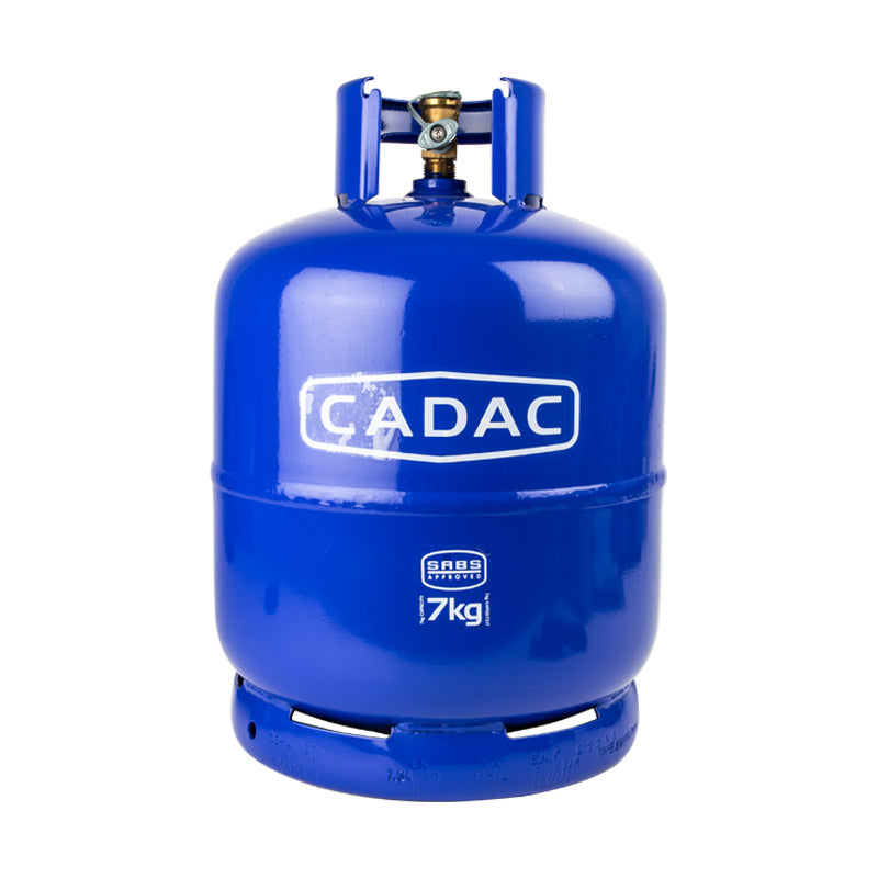 A blue Cadac gas cylinder with a 7kg label, featuring an external valve and a dust cover plug.