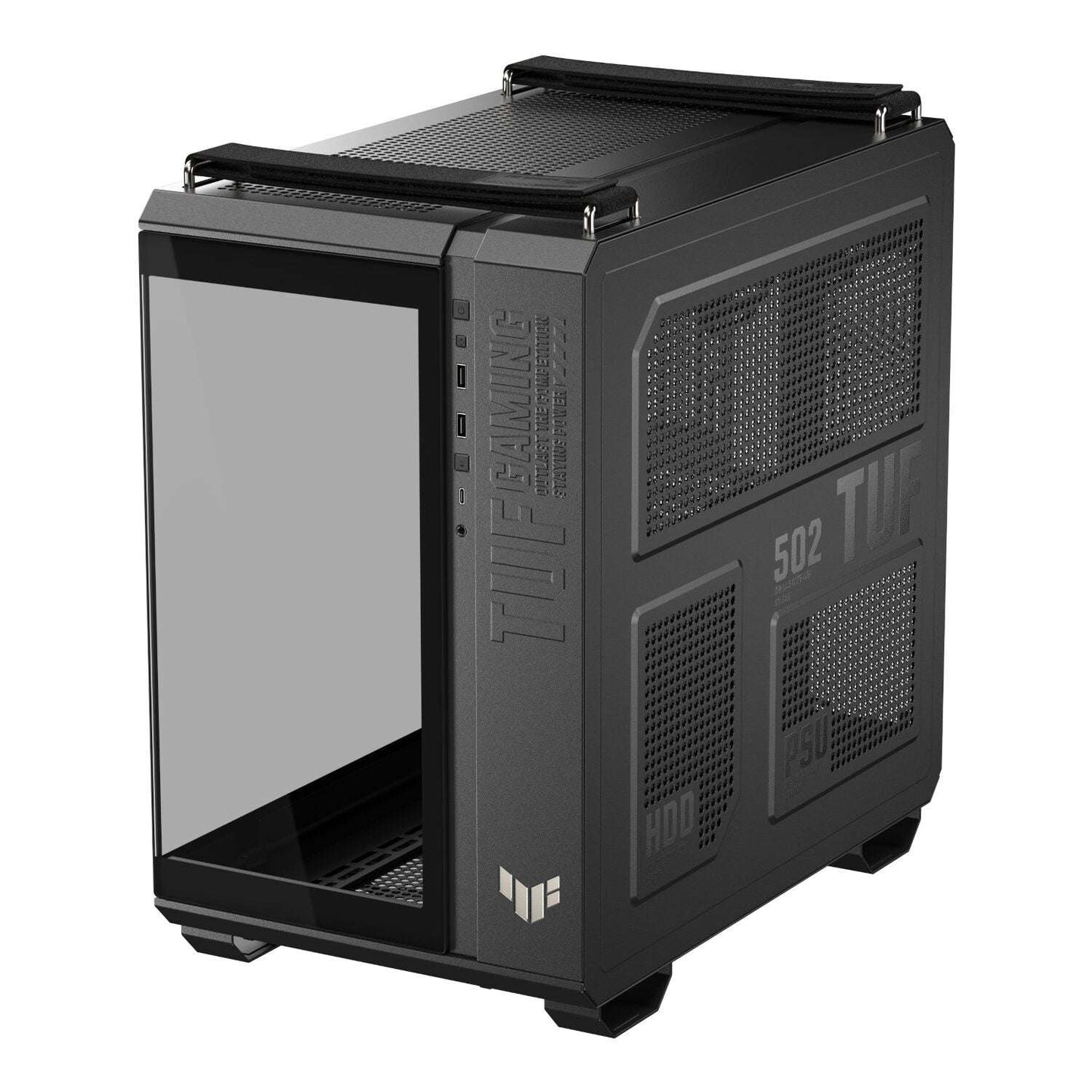 Black computer case with glass side panel on a white background