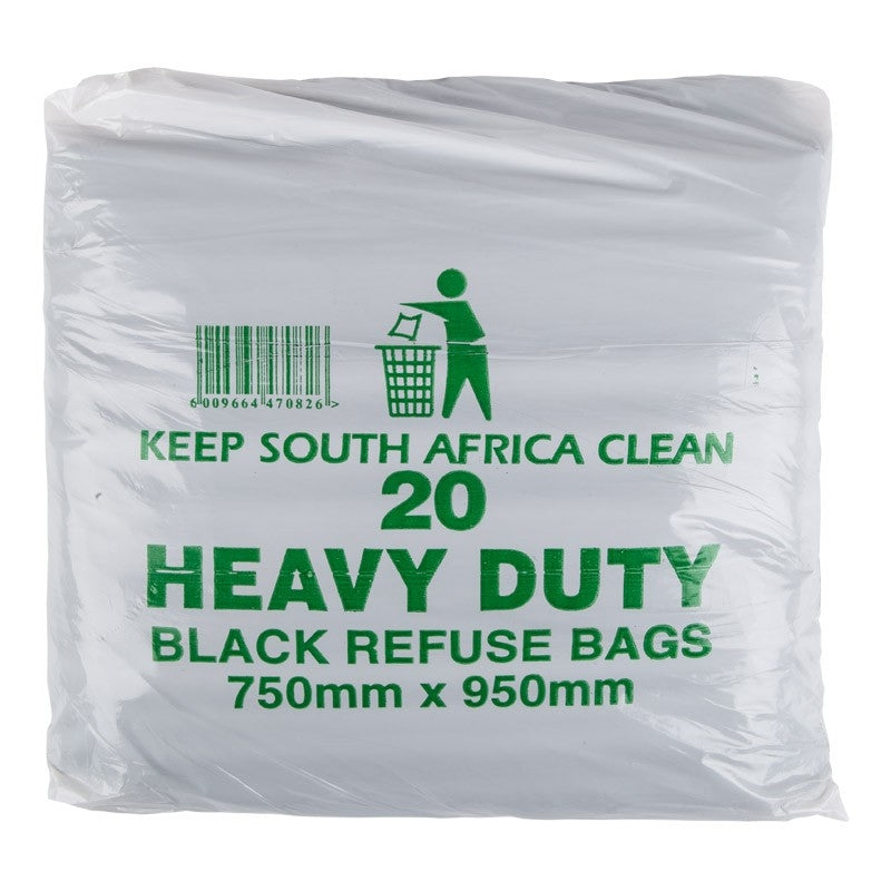 Pack of 20 heavy-duty black refuse bags with green text and graphics on a white background
