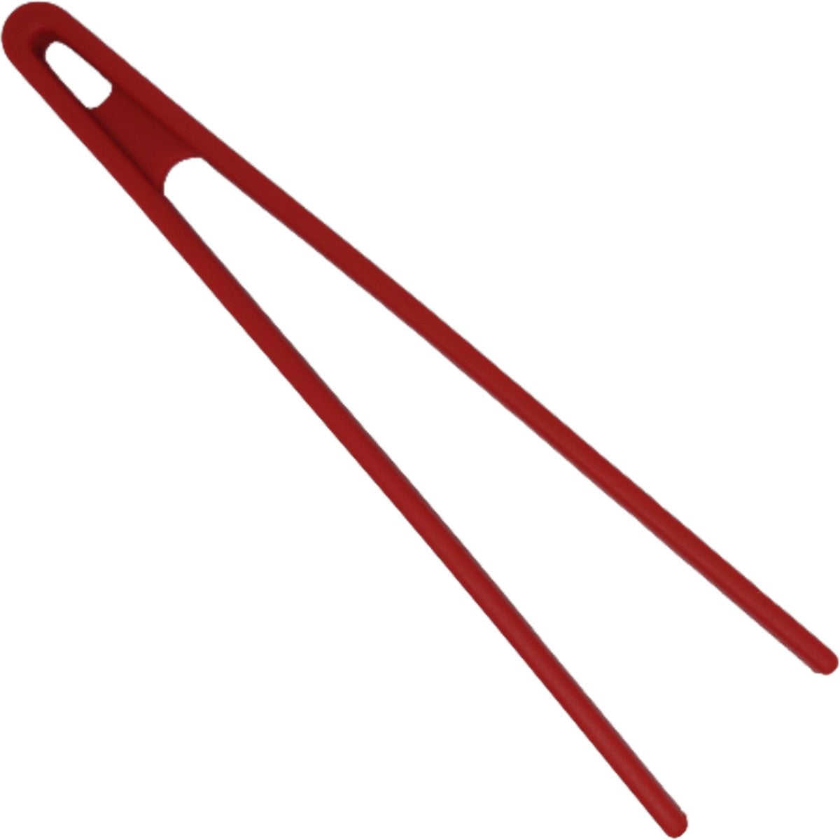 A pair of red silicone tongs designed for grilling.