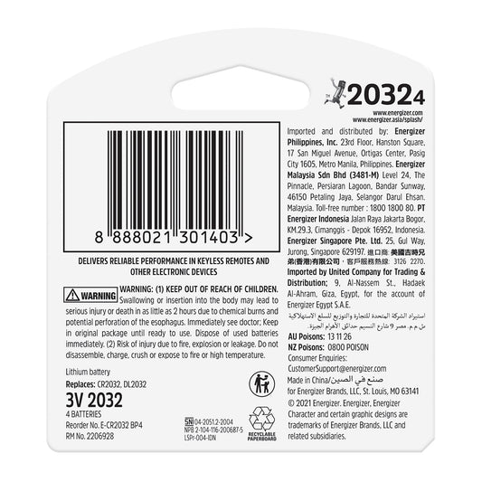 ENERGIZER BATTERY LITHIUM COIN 3V CR2032 4 PACK