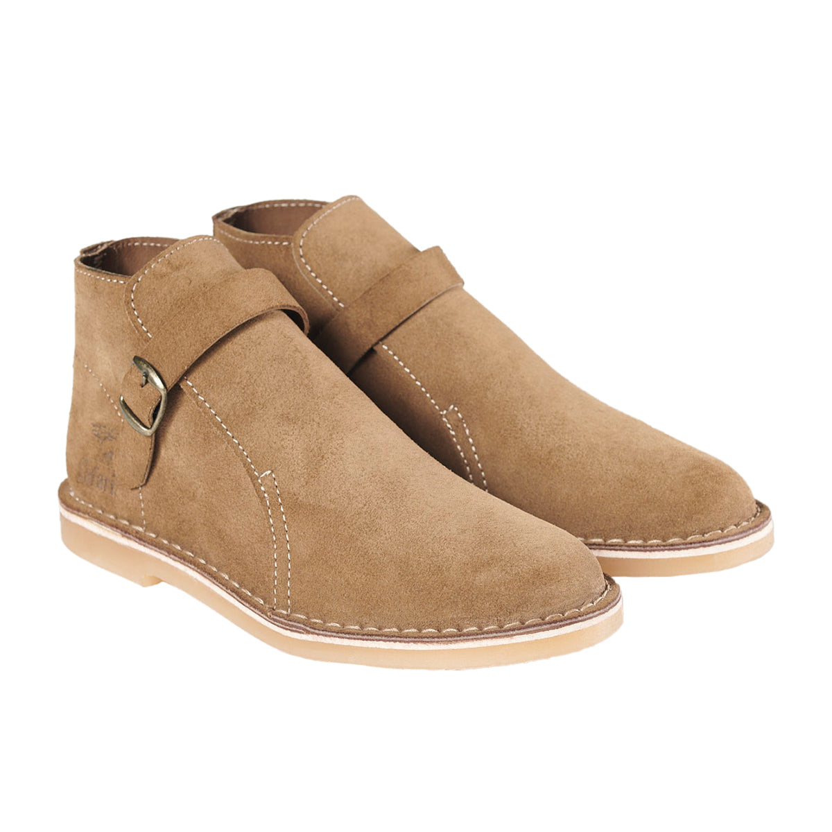 A pair of brown suede BATA Safari boots with a small buckle and stitched down construction, designed for women.