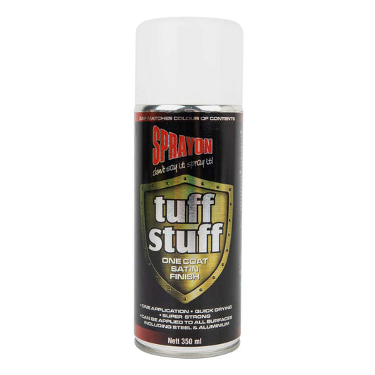 Spray paint can labeled 'tuff stuff' on a white background