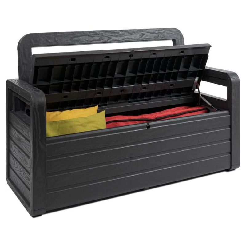 Black storage bench with open lid showing colorful items on a white background