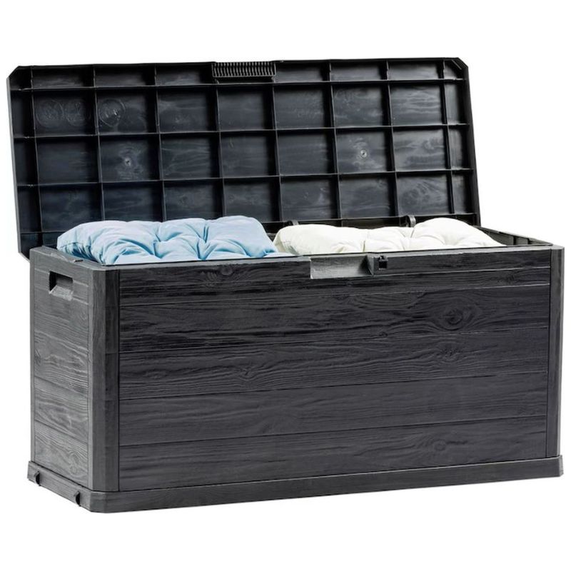 Large black storage box with a lid open, revealing cushions inside on a white background