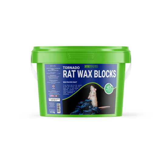 Green container of Tornado Rat Wax Blocks on a white background