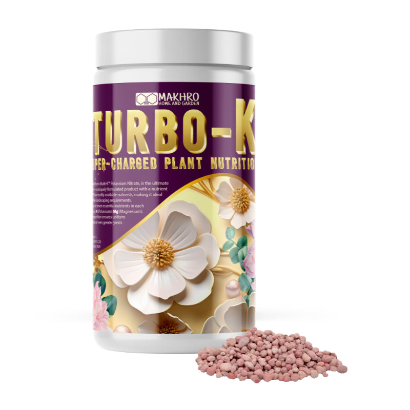 Makiro Turbo-K plant nutrition container with floral design on a white background