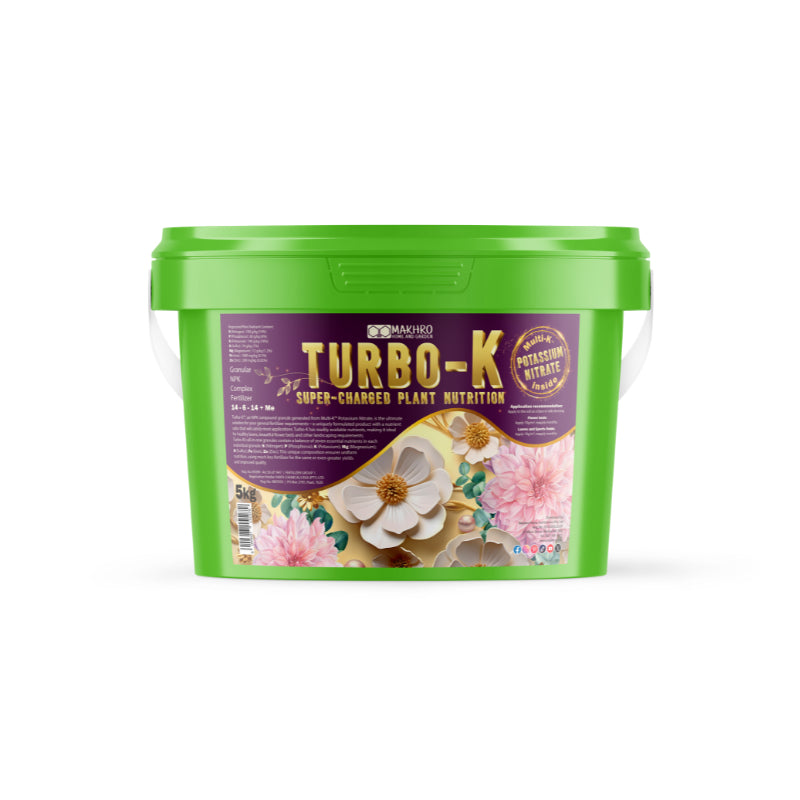 Turbo-K plant nutrition container with floral design on a white background