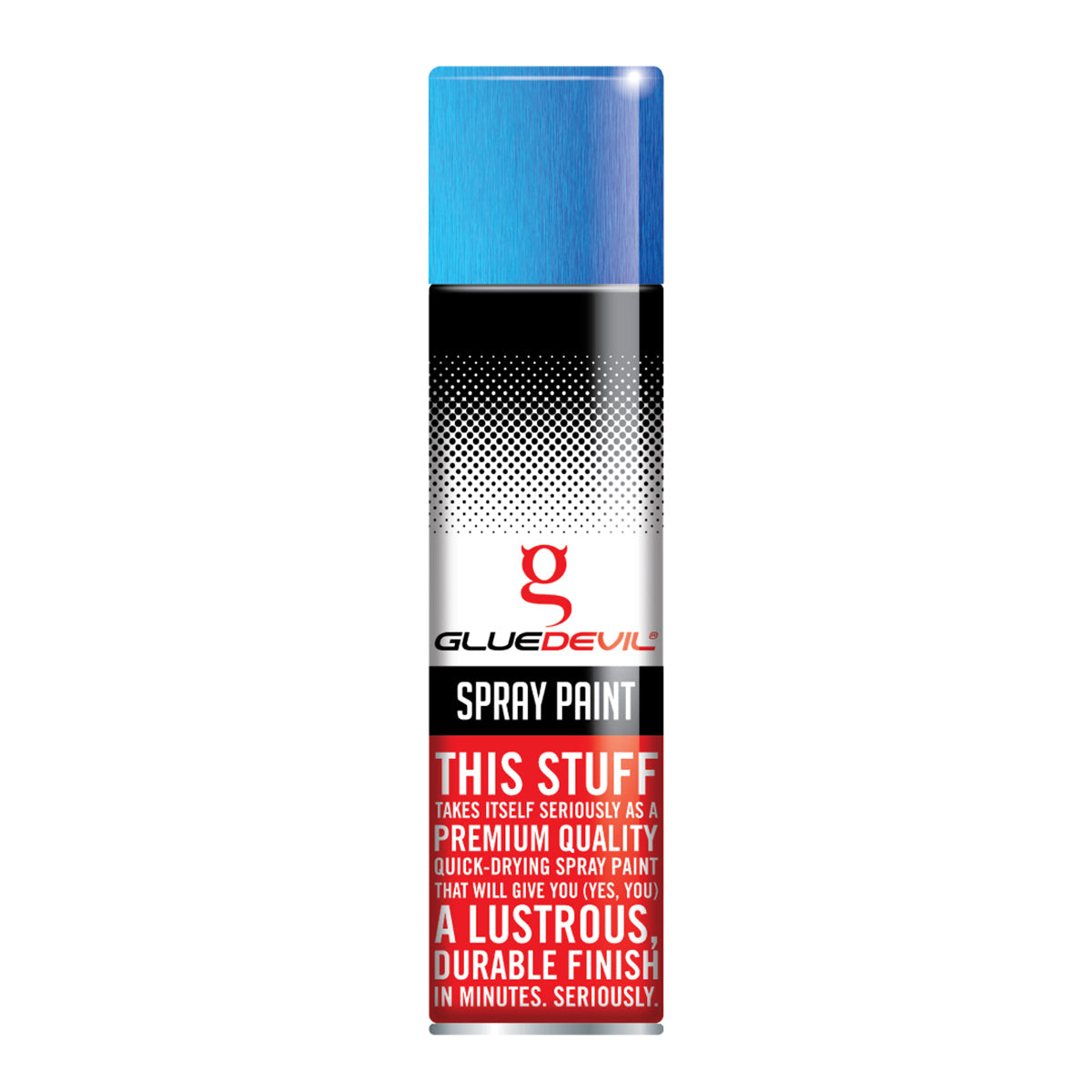 Spray paint can with blue top and red and white label on a white background