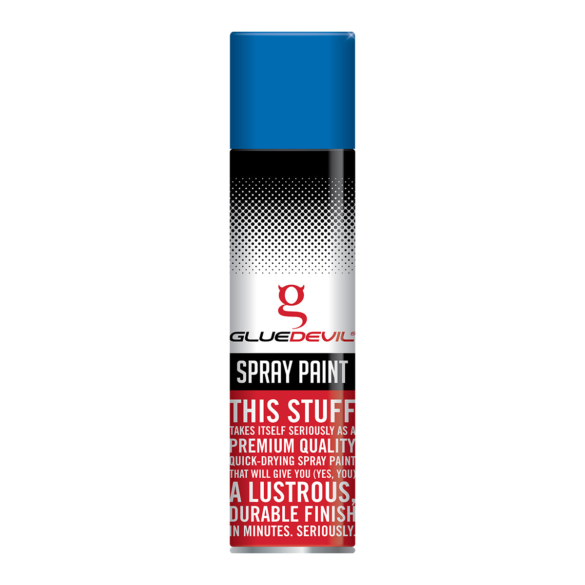 Spray paint can with Glue Devil branding on a white background