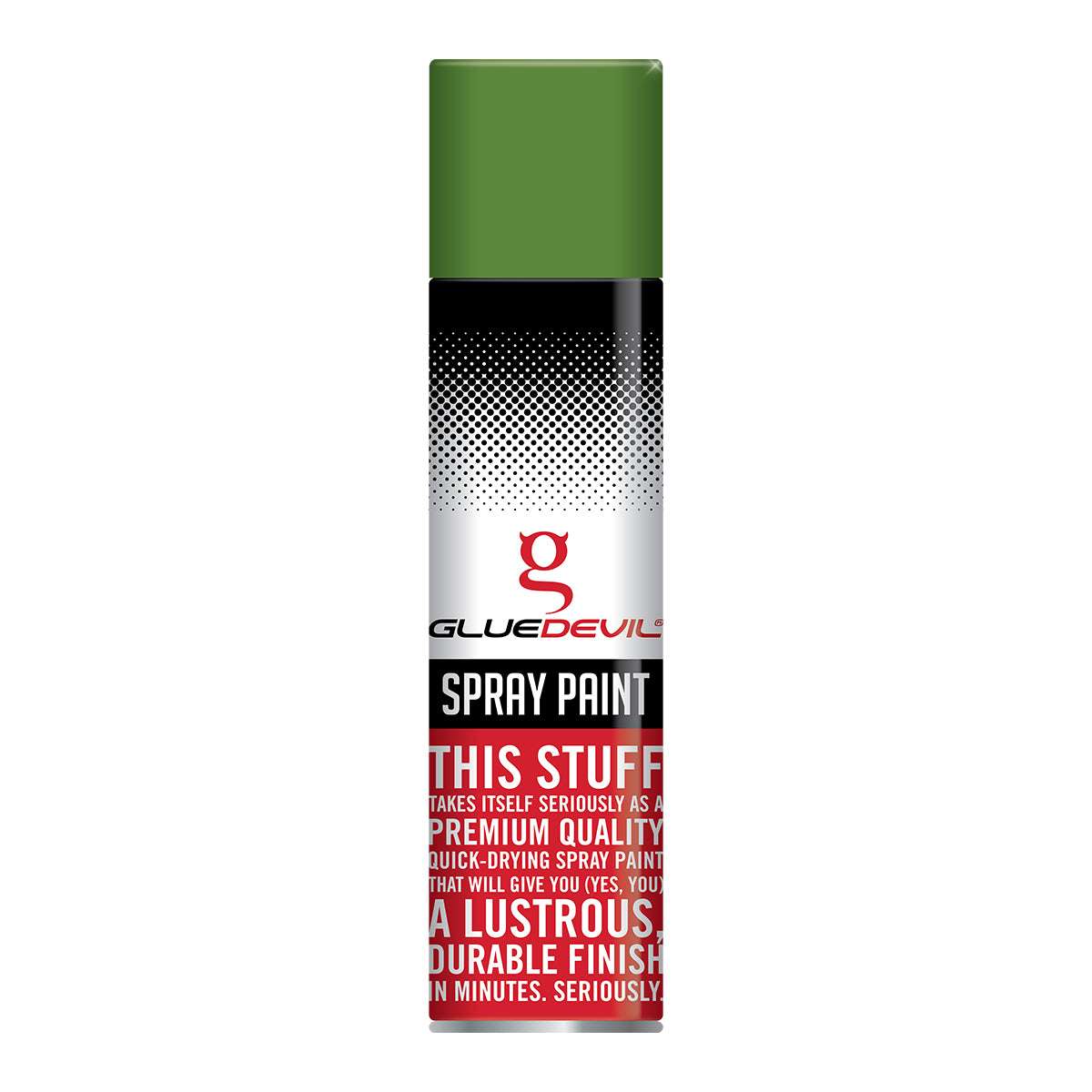 Spray paint can with green cap and visible branding on a white background