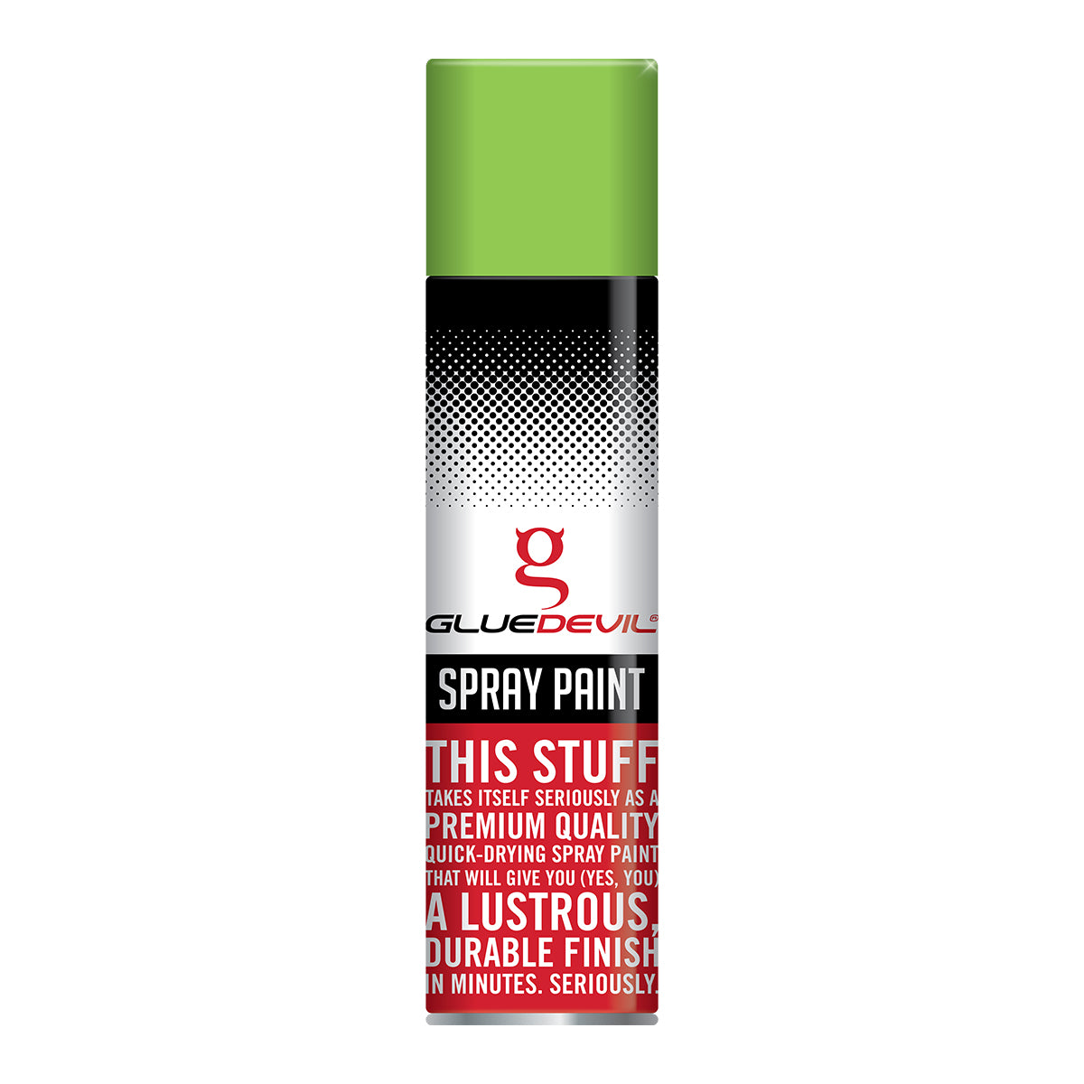 Spray paint can with Glue Devil branding on a white background