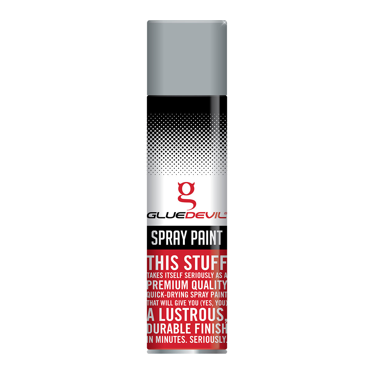Spray paint can with Glue Devil branding on a white background