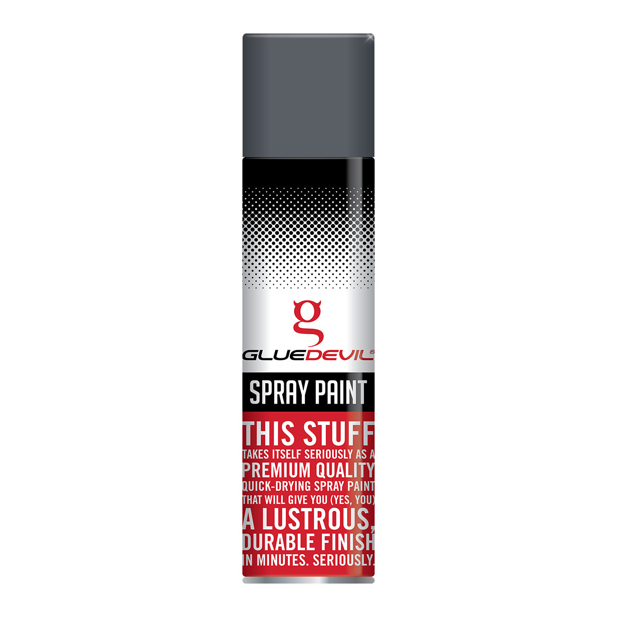 Spray paint can with Glue Devil branding on a white background