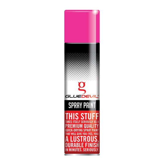 Spray paint can with pink top and black and red label on a white background
