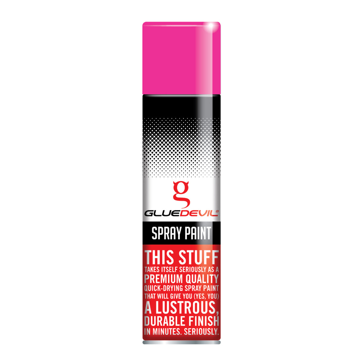 Spray paint can with pink top and black and red label on a white background