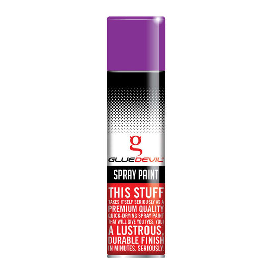 Spray paint can with purple top and red and white label on a white background